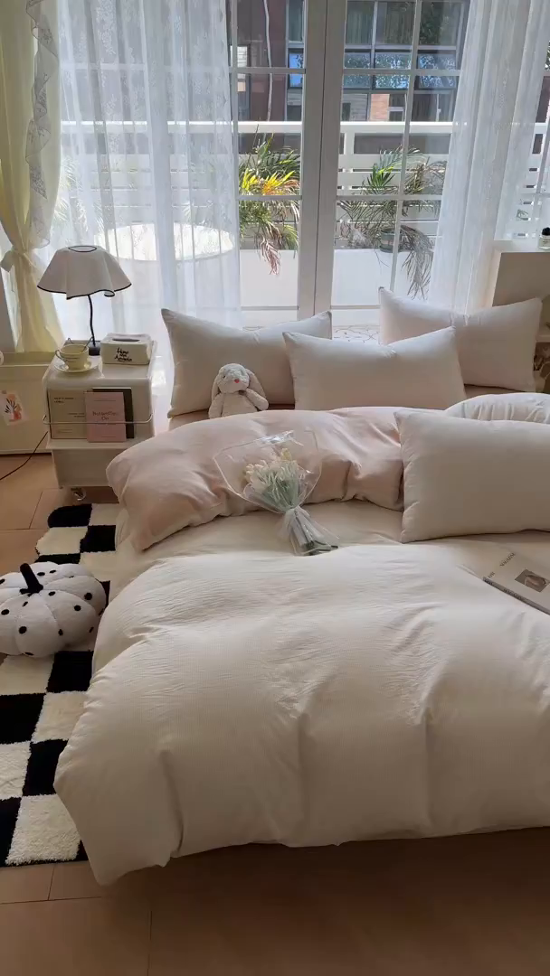 91家纺网 家纺一手货源 找家纺 柠萌家居 2025新款无印良品风双拼全棉色织水洗棉加牛奶绒四件套简约全棉拼牛奶绒四件套 提供买家秀 棉+绒-米极细条