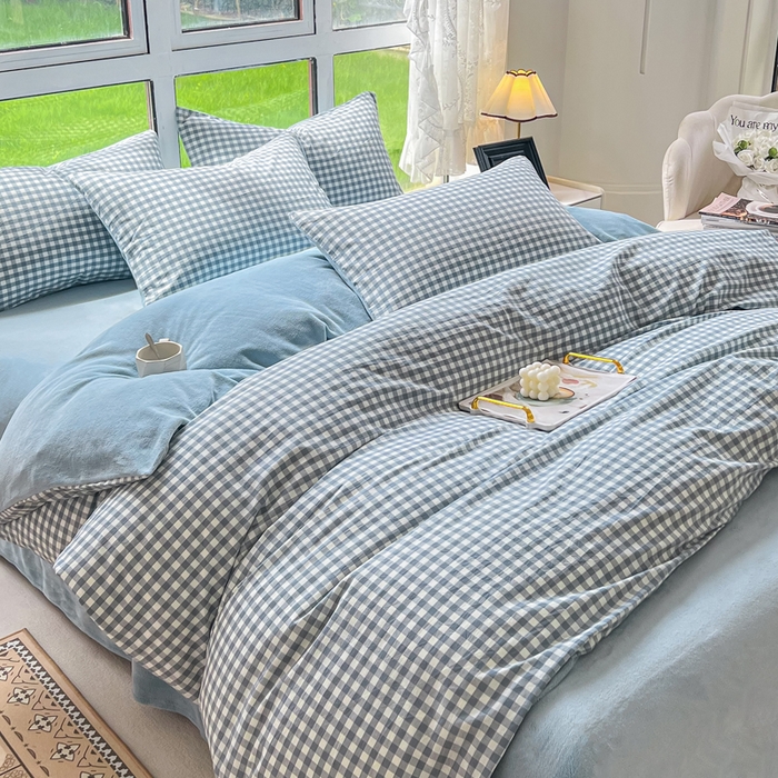 91家纺网 家纺一手货源 找家纺 柠萌家居 2025新款无印良品风双拼全棉色织水洗棉加牛奶绒四件套简约全棉拼牛奶绒四件套 提供买家秀 棉+绒-浅蓝小格