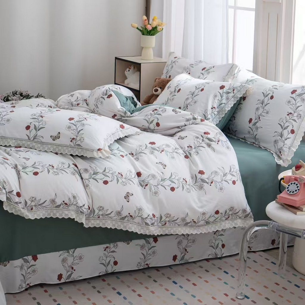 91家纺网 家纺一手货源 找家纺 玖琳家纺 2025新款云朵水洗棉皱皱纱精致花边款四件套 漫书