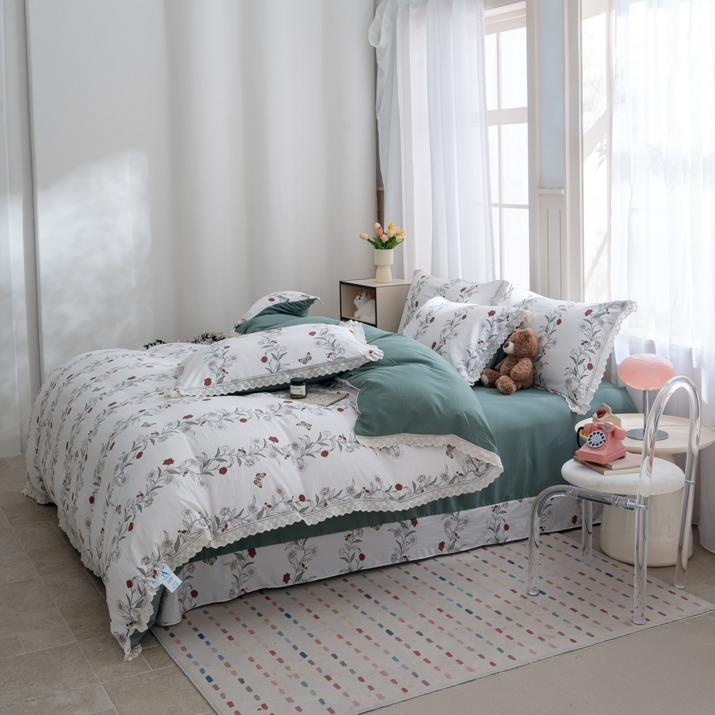 91家纺网 家纺一手货源 找家纺 玖琳家纺 2025新款云朵水洗棉皱皱纱精致花边款四件套 漫书