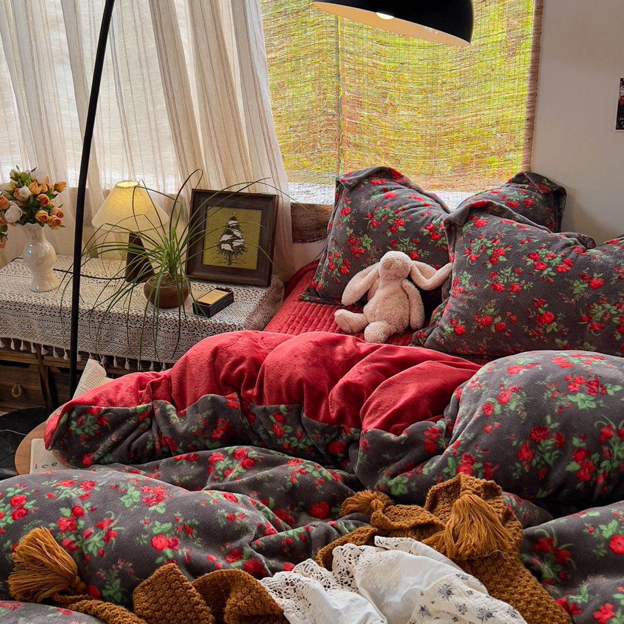 91家纺网 家纺一手货源 找家纺 默忆 2025新款牛奶绒床盖款四件套-花妖 花妖-红