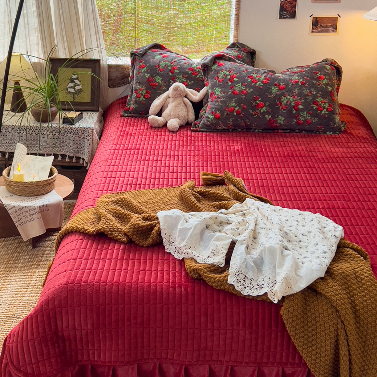 91家纺网 家纺一手货源 找家纺 默忆 2025新款牛奶绒床盖款四件套-花妖 花妖-红