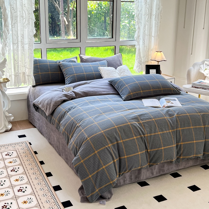 91家纺网 家纺一手货源 找家纺 柠萌家居 2025新款无印良品风双拼全棉色织水洗棉加牛奶绒四件套简约全棉拼牛奶绒四件套 提供买家秀 棉+绒-瓦尔灰