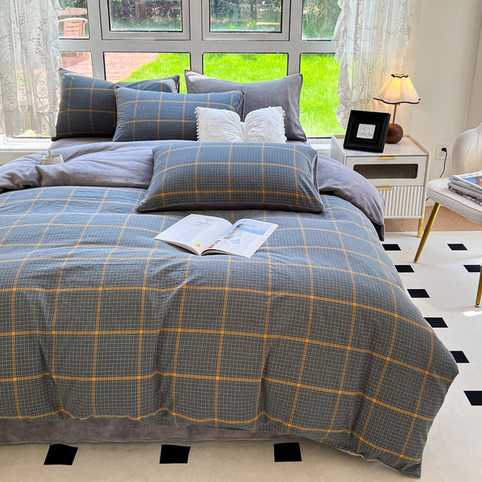 91家纺网 家纺一手货源 找家纺 柠萌家居 2025新款无印良品风双拼全棉色织水洗棉加牛奶绒四件套简约全棉拼牛奶绒四件套 提供买家秀 棉+绒-瓦尔灰