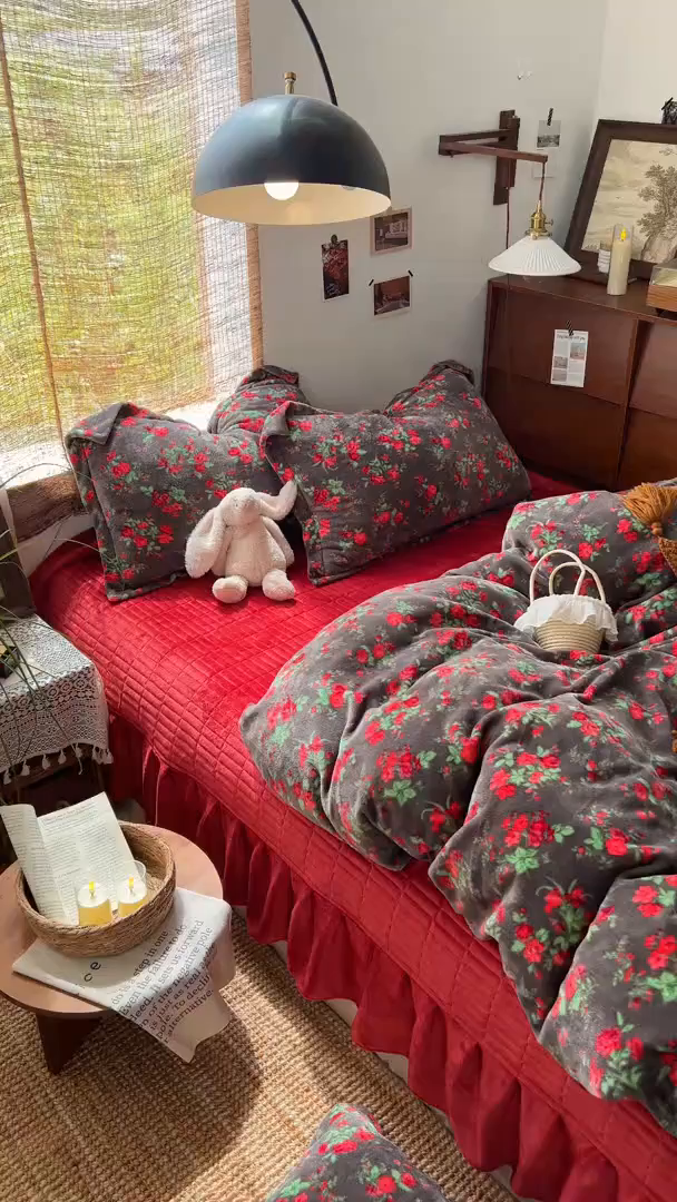 91家纺网 家纺一手货源 找家纺 默忆 2025新款牛奶绒床盖款四件套-花妖 花妖-红