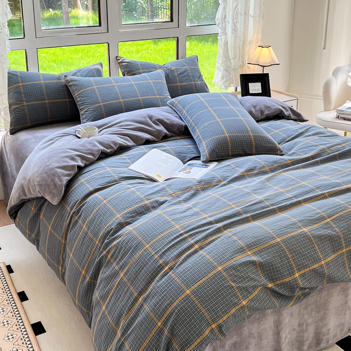 91家纺网 家纺一手货源 找家纺 柠萌家居 2025新款无印良品风双拼全棉色织水洗棉加牛奶绒四件套简约全棉拼牛奶绒四件套 提供买家秀 棉+绒-瓦尔灰