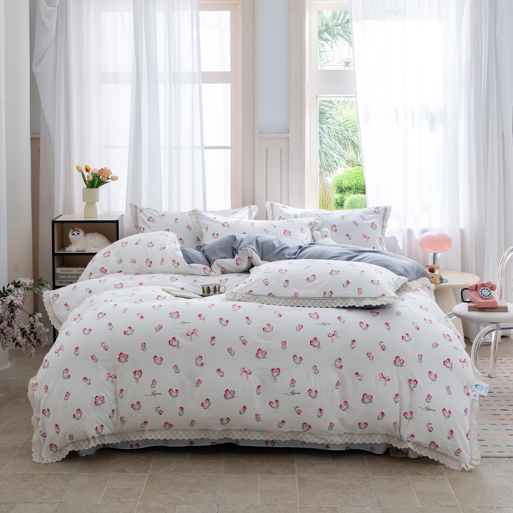 91家纺网 家纺一手货源 找家纺 玖琳家纺 2025新款云朵水洗棉皱皱纱精致花边款四件套 蕊昔