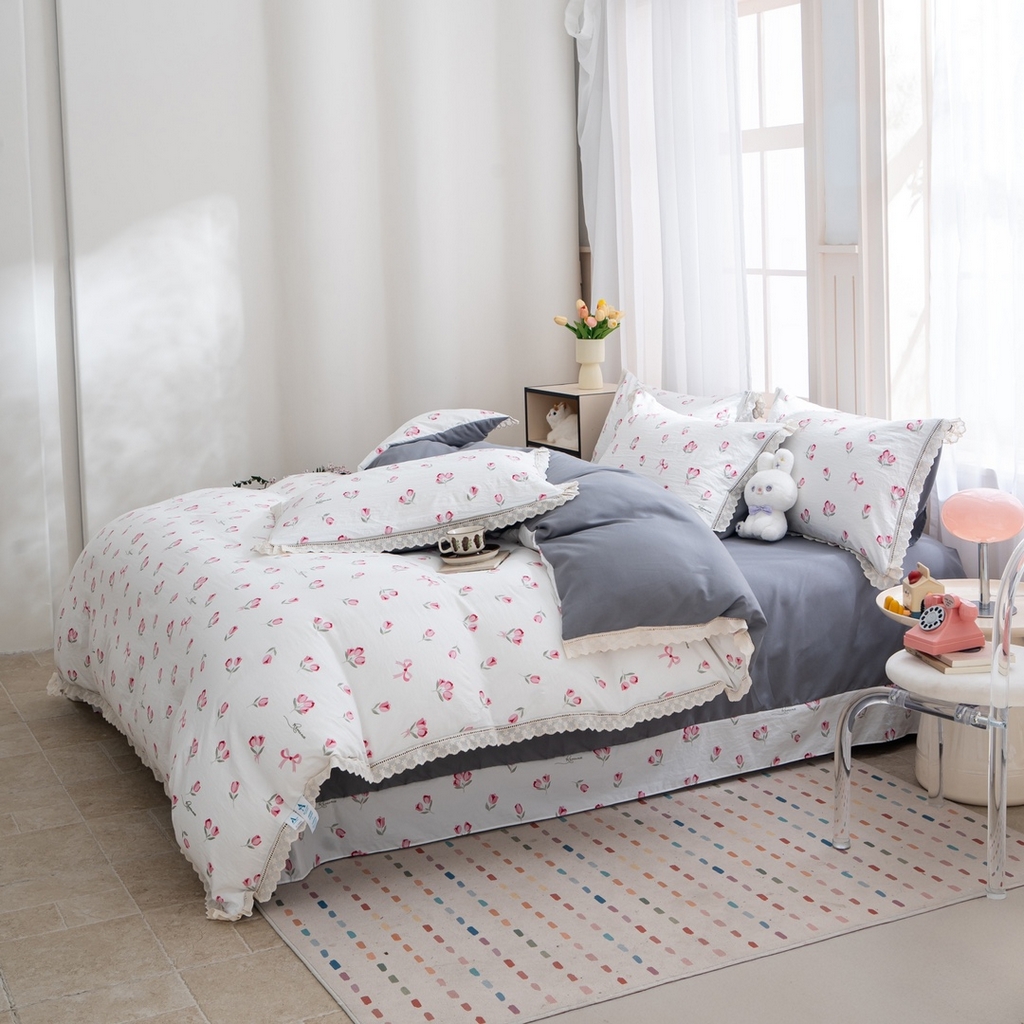 91家纺网 家纺一手货源 找家纺 玖琳家纺 2025新款云朵水洗棉皱皱纱精致花边款四件套 蕊昔