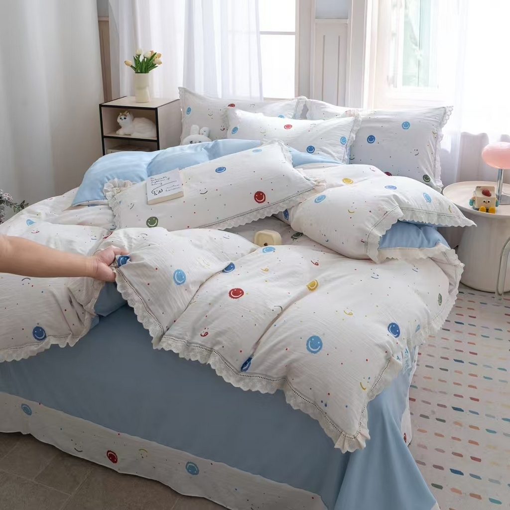 玖琳家纺 2025新款云朵水洗棉皱皱纱精致花边款四件套 笑脸