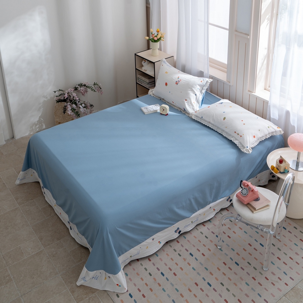 91家纺网 家纺一手货源 找家纺 玖琳家纺 2025新款云朵水洗棉皱皱纱精致花边款四件套 星眠