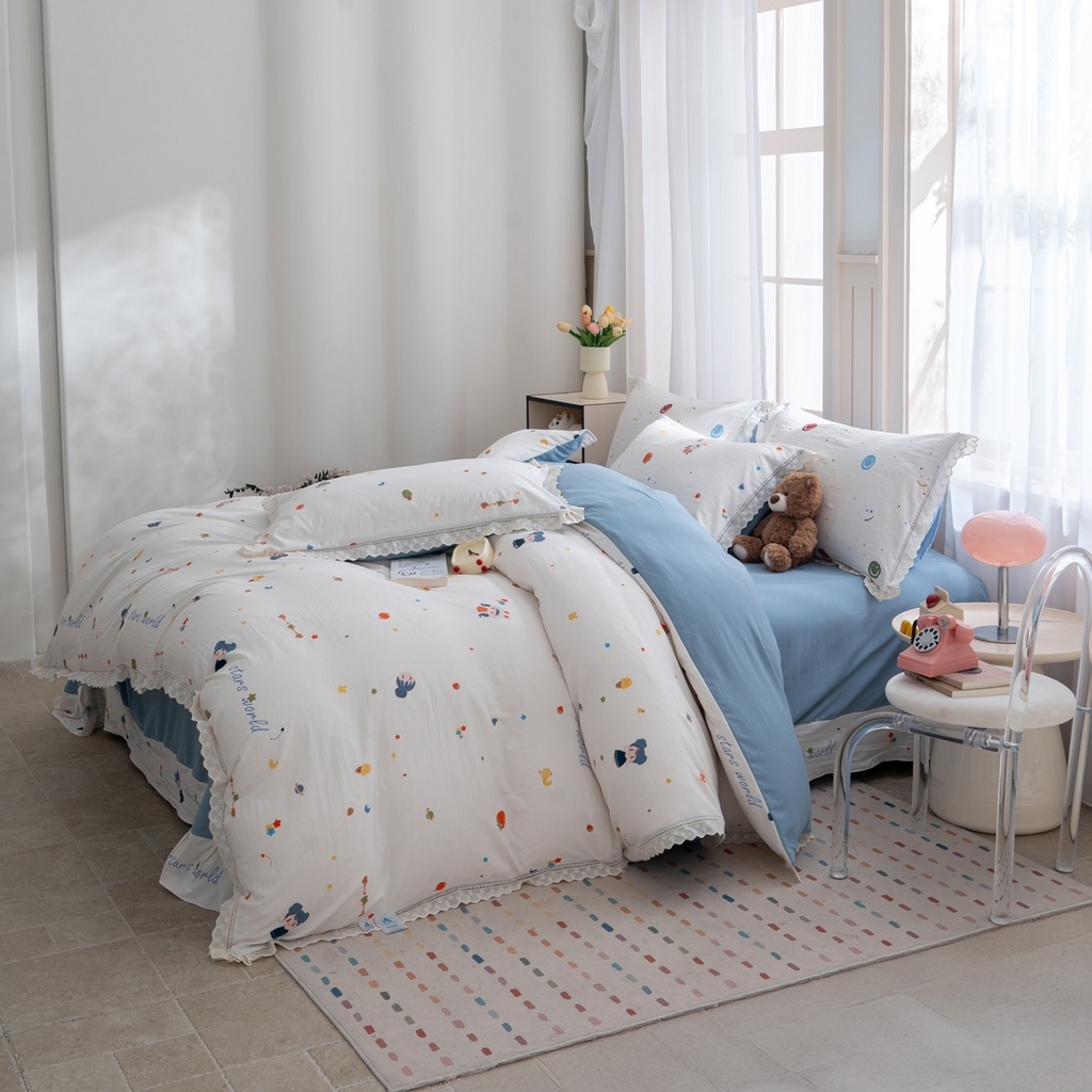 91家纺网 家纺一手货源 找家纺 玖琳家纺 2025新款云朵水洗棉皱皱纱精致花边款四件套 星眠