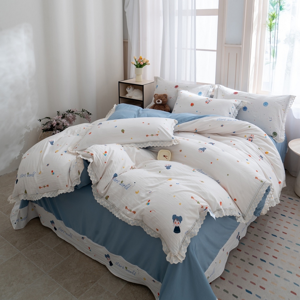 91家纺网 家纺一手货源 找家纺 玖琳家纺 2025新款云朵水洗棉皱皱纱精致花边款四件套 星眠