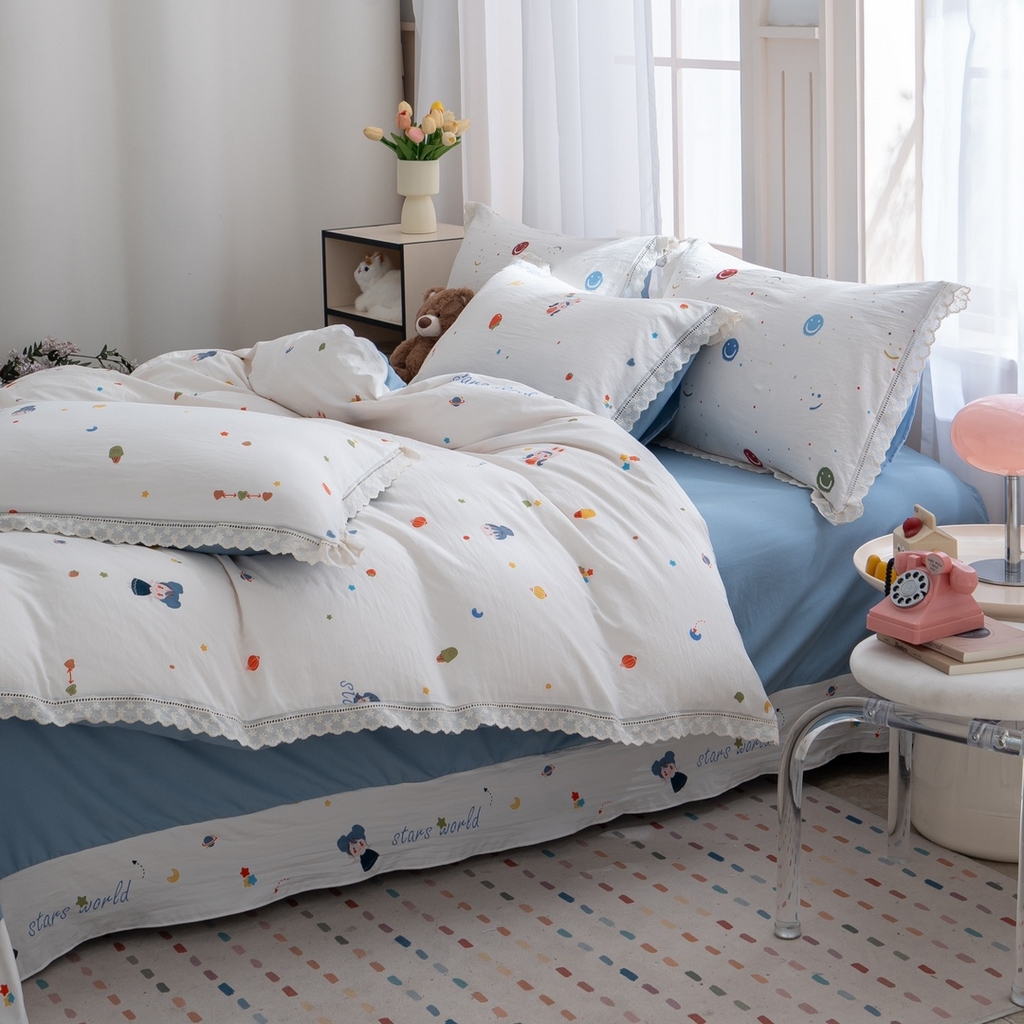 91家纺网 家纺一手货源 找家纺 玖琳家纺 2025新款云朵水洗棉皱皱纱精致花边款四件套 星眠