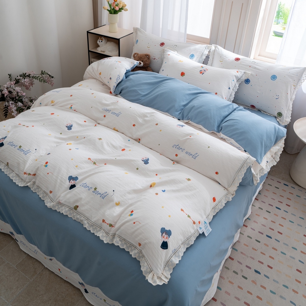 91家纺网 家纺一手货源 找家纺 玖琳家纺 2025新款云朵水洗棉皱皱纱精致花边款四件套 星眠