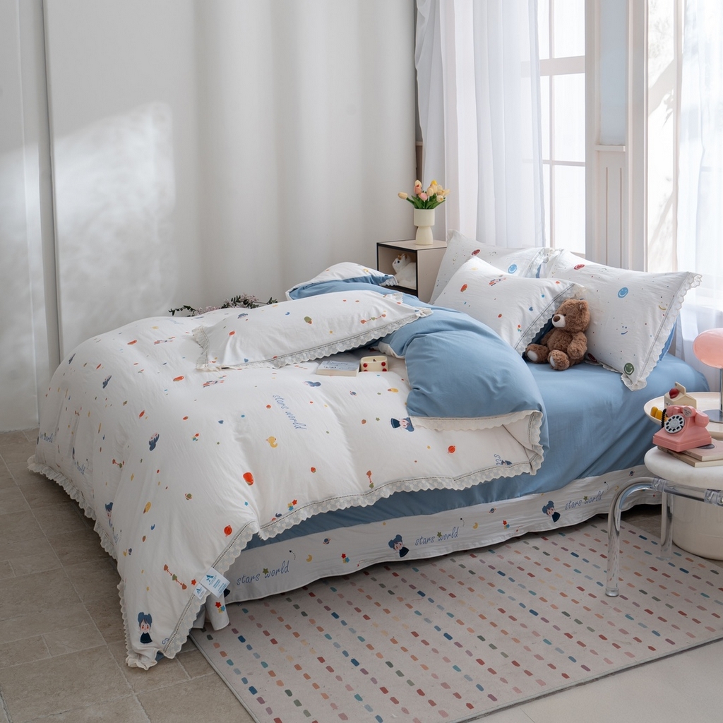 91家纺网 家纺一手货源 找家纺 玖琳家纺 2025新款云朵水洗棉皱皱纱精致花边款四件套 星眠