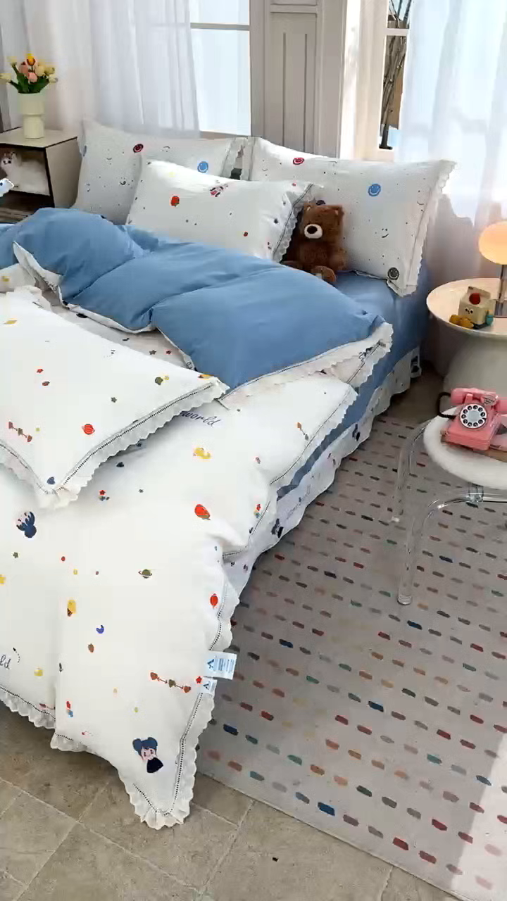 91家纺网 家纺一手货源 找家纺 玖琳家纺 2025新款云朵水洗棉皱皱纱精致花边款四件套 星眠