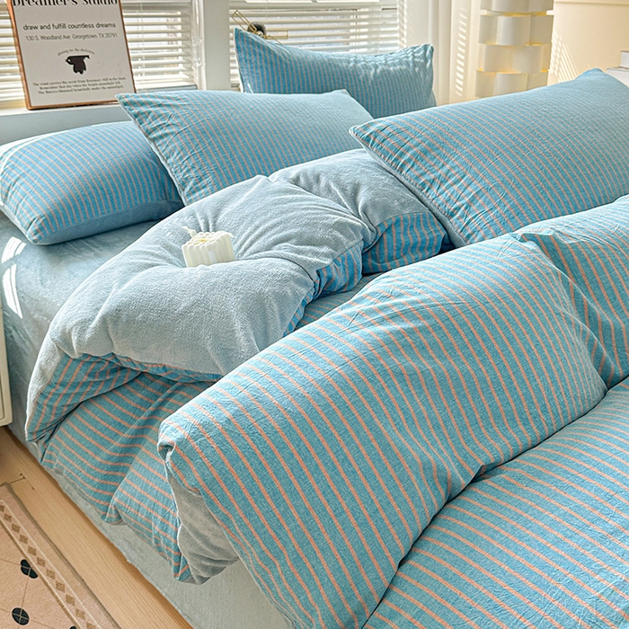 柠萌家居 2025新款无印良品风双拼全棉色织水洗棉加牛奶绒四件套简约全棉拼牛奶绒四件套 提供买家秀 棉+绒蓝咖条