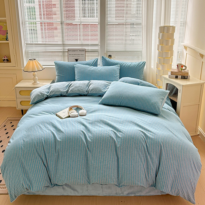 91家纺网 家纺一手货源 找家纺 柠萌家居 2025新款无印良品风双拼全棉色织水洗棉加牛奶绒四件套简约全棉拼牛奶绒四件套 提供买家秀 棉+绒蓝咖条