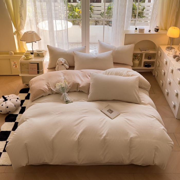 91家纺网 家纺一手货源 找家纺 柠萌家居 2025新款无印良品风双拼全棉色织水洗棉加牛奶绒四件套简约全棉拼牛奶绒四件套 提供买家秀 棉+绒米密条