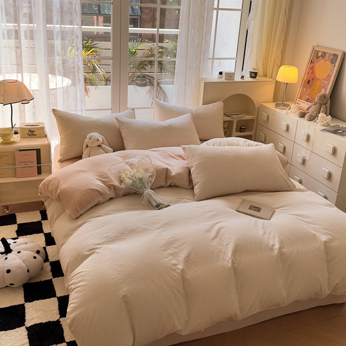 91家纺网 家纺一手货源 找家纺 柠萌家居 2025新款无印良品风双拼全棉色织水洗棉加牛奶绒四件套简约全棉拼牛奶绒四件套 提供买家秀 棉+绒米密条