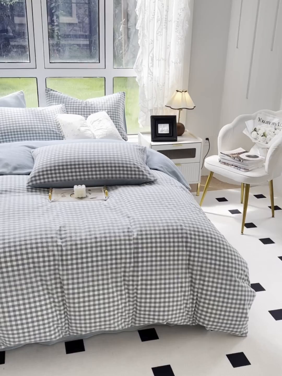 91家纺网 家纺一手货源 找家纺 柠萌家居 2025新款无印良品风双拼全棉色织水洗棉加牛奶绒四件套简约全棉拼牛奶绒四件套 提供买家秀 棉+绒尚品蓝