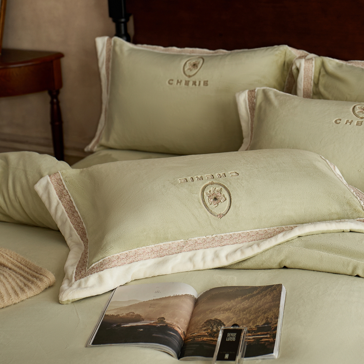 91家纺网 家纺一手货源 找家纺 蓝梦 2025新款270g全消光牛奶绒四件套-克莱尔 克莱尔-浅绿