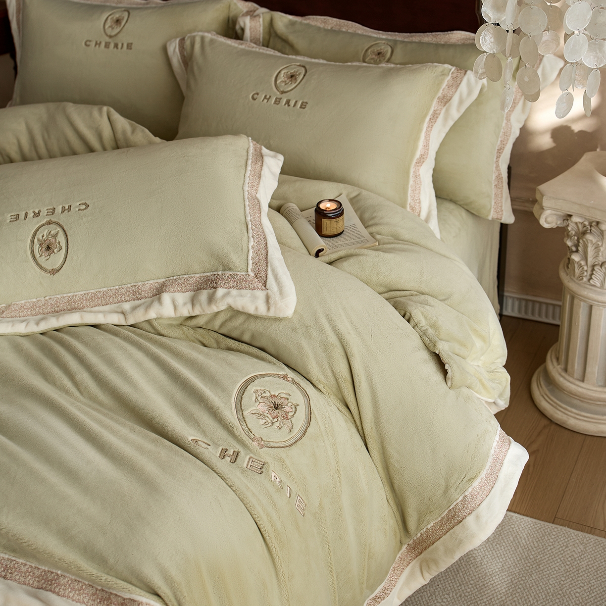 91家纺网 家纺一手货源 找家纺 蓝梦 2025新款270g全消光牛奶绒四件套-克莱尔 克莱尔-浅绿