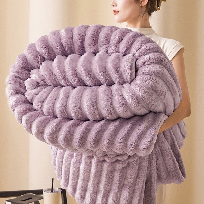 玖琳家纺 2025新款多功能抽条兔兔毛绒毯 香芋紫