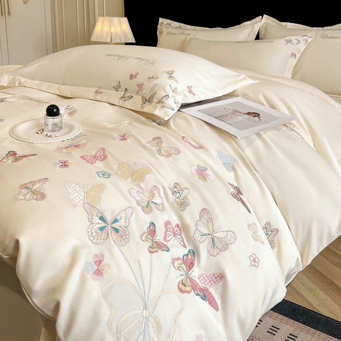 绒掌柜 2025新款13376全棉纯棉刺绣四件套（礼盒装品质含买家秀）-蝶影系列-版权产品系列 奶昔白
