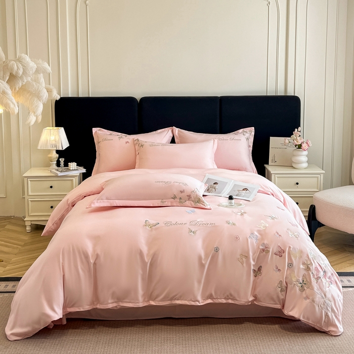 91家纺网 家纺一手货源 找家纺 绒掌柜 2025新款13376全棉纯棉刺绣四件套（礼盒装品质含买家秀）-蝶影系列-版权产品系列 玉颜粉