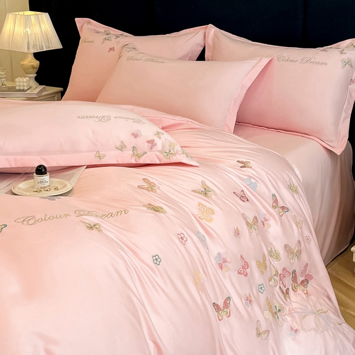 91家纺网 家纺一手货源 找家纺 绒掌柜 2025新款13376全棉纯棉刺绣四件套（礼盒装品质含买家秀）-蝶影系列-版权产品系列 玉颜粉