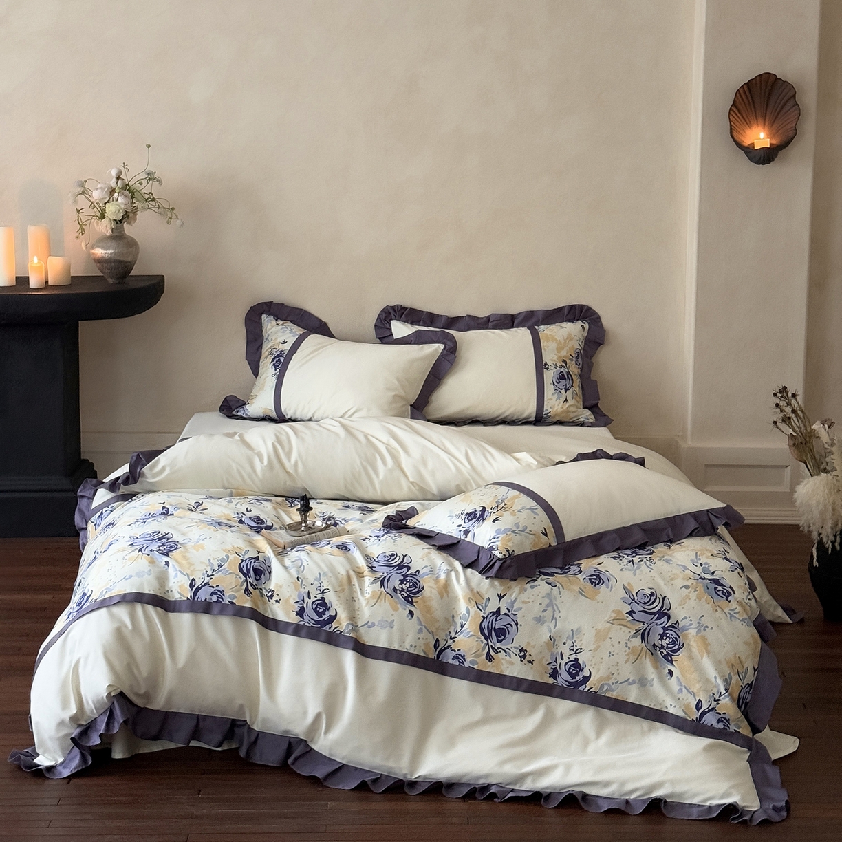 91家纺网 家纺一手货源 找家纺 多乐娜 2025新款法式100支全棉贡缎数码印花四件套长绒棉工艺款轻奢花边款（会员-20）控价378/398起（券后！！）务必控价谢谢配合 长绒棉贡缎-暮光紫汀