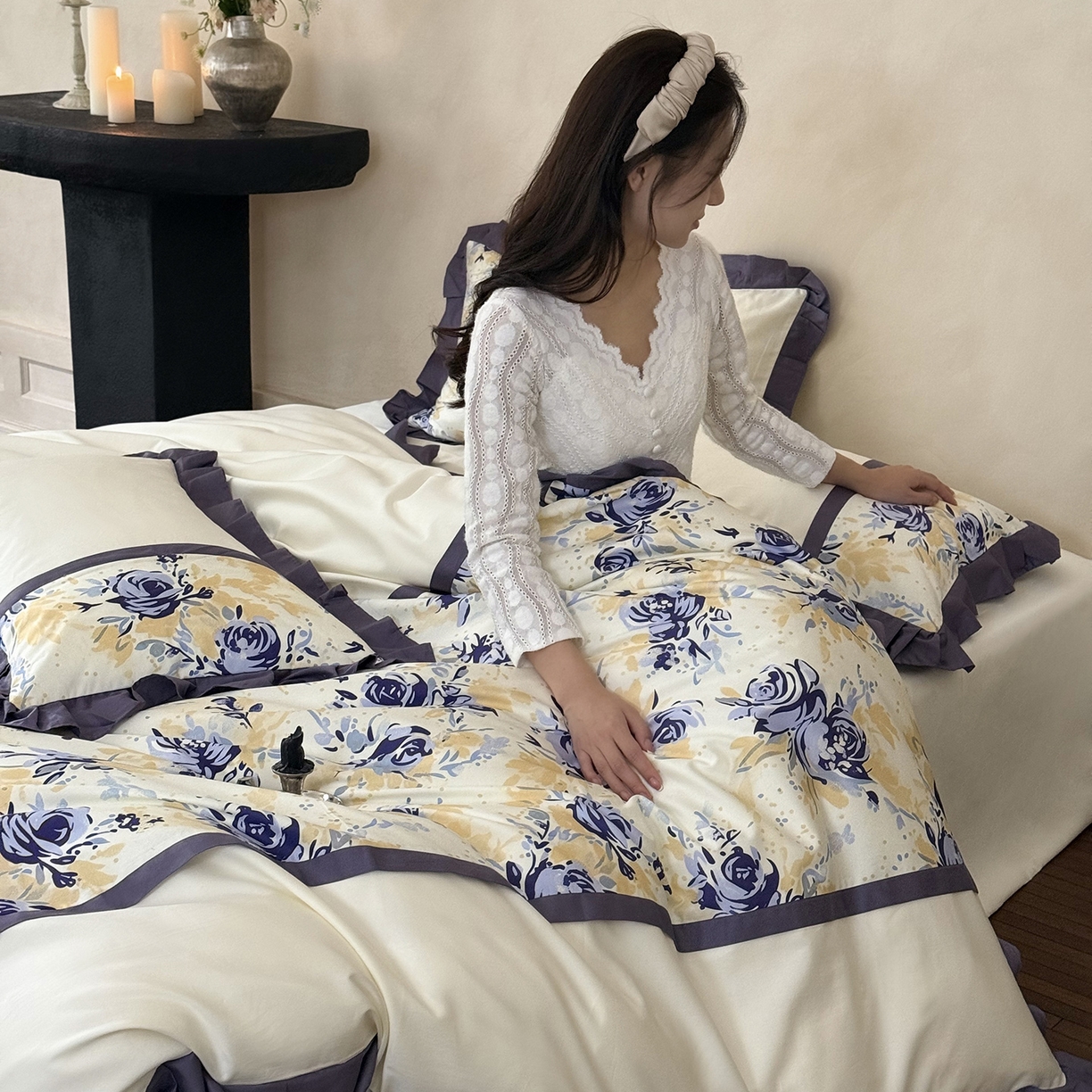 91家纺网 家纺一手货源 找家纺 多乐娜 2025新款法式100支全棉贡缎数码印花四件套长绒棉工艺款轻奢花边款（会员-20）控价378/398起（券后！！）务必控价谢谢配合 长绒棉贡缎-暮光紫汀