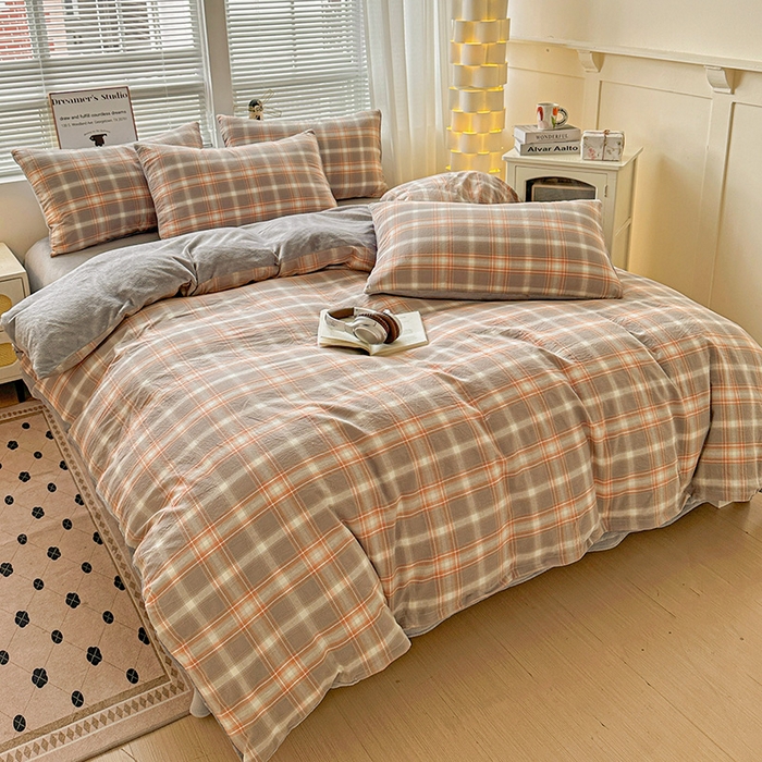 91家纺网 家纺一手货源 找家纺 柠萌家居 2025新款无印良品风双拼全棉色织水洗棉加牛奶绒单品被套简约风全棉拼牛奶绒单被套 棉+绒诺卡灰