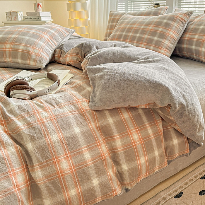 91家纺网 家纺一手货源 找家纺 柠萌家居 2025新款无印良品风双拼全棉色织水洗棉加牛奶绒单品被套简约风全棉拼牛奶绒单被套 棉+绒诺卡灰