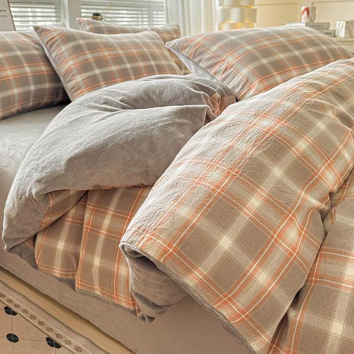 91家纺网 家纺一手货源 找家纺 柠萌家居 2025新款无印良品风双拼全棉色织水洗棉加牛奶绒单品被套简约风全棉拼牛奶绒单被套 棉+绒诺卡灰