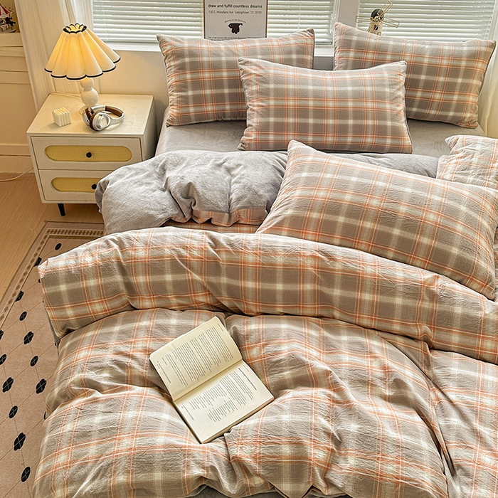 91家纺网 家纺一手货源 找家纺 柠萌家居 2025新款无印良品风双拼全棉色织水洗棉加牛奶绒单品被套简约风全棉拼牛奶绒单被套 棉+绒诺卡灰