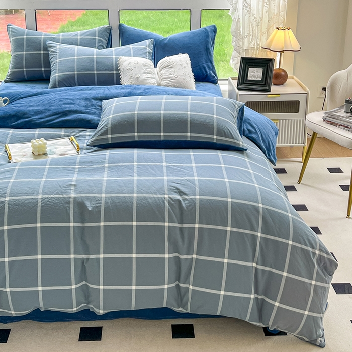 91家纺网 家纺一手货源 找家纺 柠萌家居 2025新款无印良品风双拼全棉色织水洗棉加牛奶绒单品被套简约风全棉拼牛奶绒单被套 棉+绒-海蓝大格