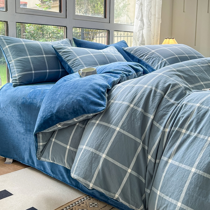 91家纺网 家纺一手货源 找家纺 柠萌家居 2025新款无印良品风双拼全棉色织水洗棉加牛奶绒单品被套简约风全棉拼牛奶绒单被套 棉+绒-海蓝大格