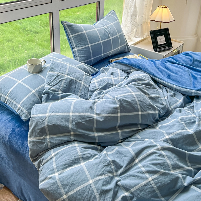 91家纺网 家纺一手货源 找家纺 柠萌家居 2025新款无印良品风双拼全棉色织水洗棉加牛奶绒单品被套简约风全棉拼牛奶绒单被套 棉+绒-海蓝大格