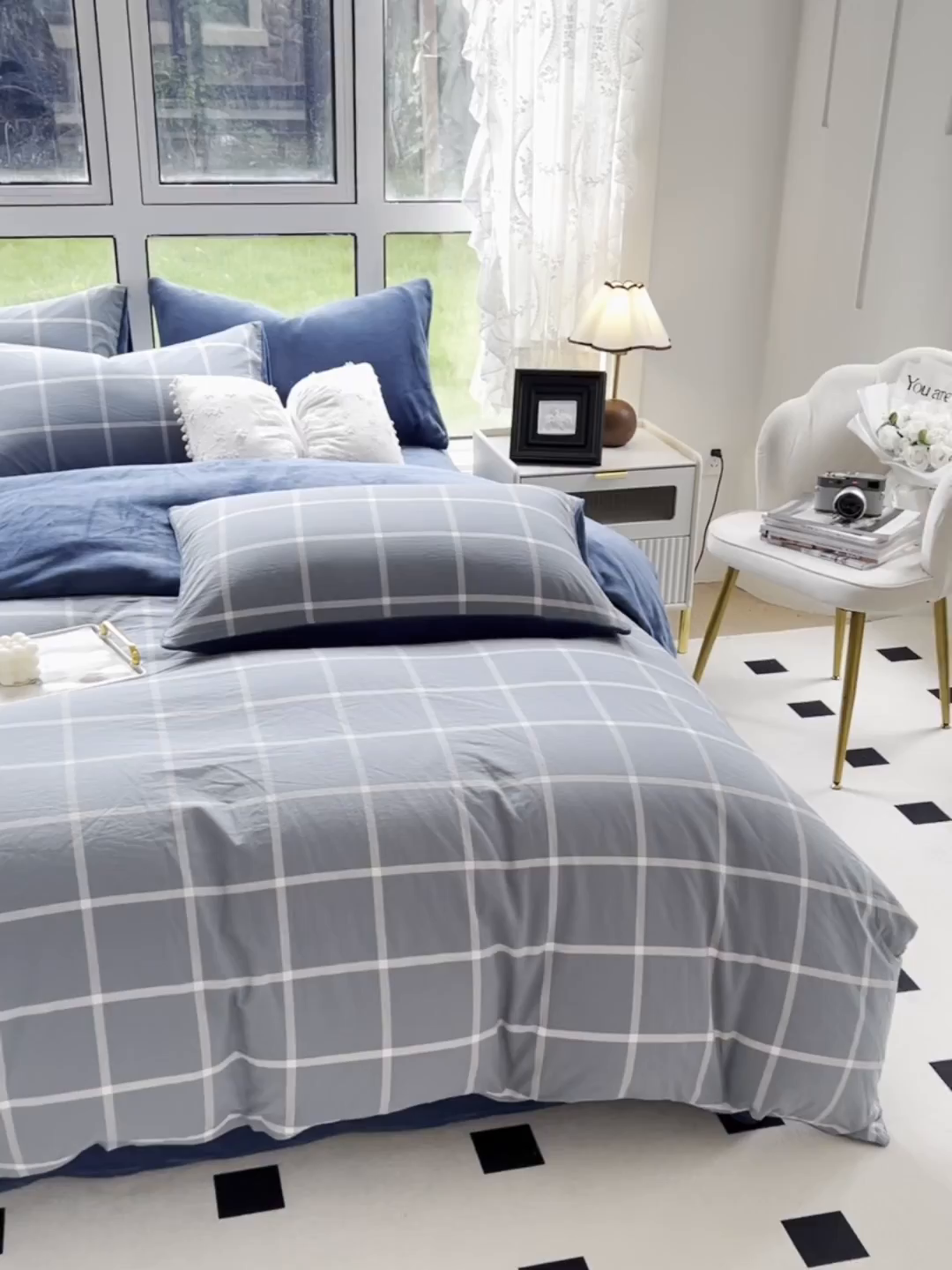 91家纺网 家纺一手货源 找家纺 柠萌家居 2025新款无印良品风双拼全棉色织水洗棉加牛奶绒单品被套简约风全棉拼牛奶绒单被套 棉+绒-海蓝大格