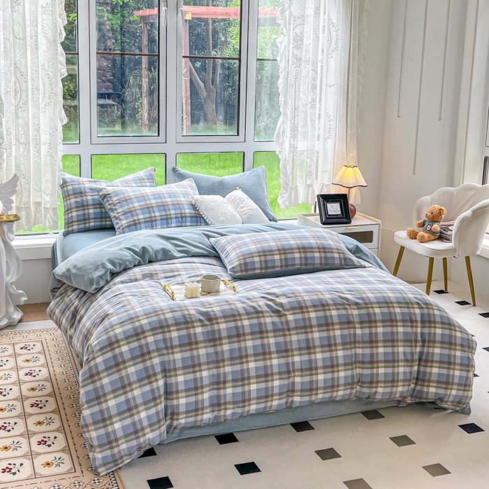 91家纺网 家纺一手货源 找家纺 柠萌家居 2025新款无印良品风双拼全棉色织水洗棉加牛奶绒单品被套简约风全棉拼牛奶绒单被套 棉+绒-简兮蓝