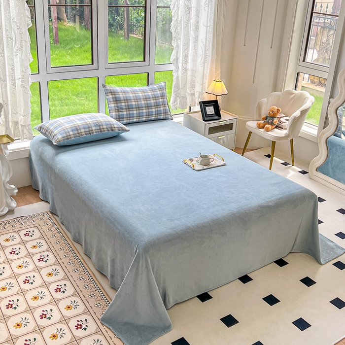 91家纺网 家纺一手货源 找家纺 柠萌家居 2025新款无印良品风双拼全棉色织水洗棉加牛奶绒单品被套简约风全棉拼牛奶绒单被套 棉+绒-简兮蓝