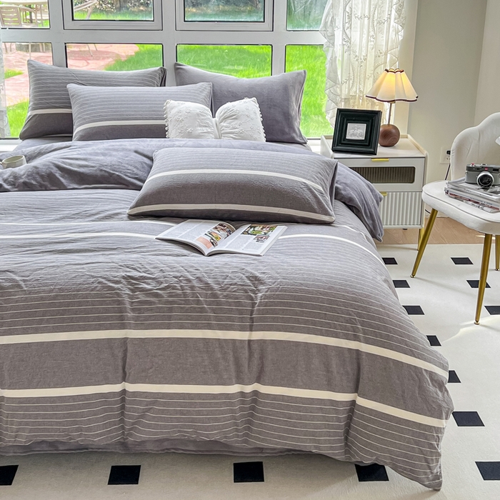 91家纺网 家纺一手货源 找家纺 柠萌家居 2025新款无印良品风双拼全棉色织水洗棉加牛奶绒单品被套简约风全棉拼牛奶绒单被套 棉+绒-宽双线冷灰