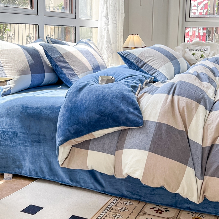 91家纺网 家纺一手货源 找家纺 柠萌家居 2025新款无印良品风双拼全棉色织水洗棉加牛奶绒单品被套简约风全棉拼牛奶绒单被套 棉+绒-蓝调格