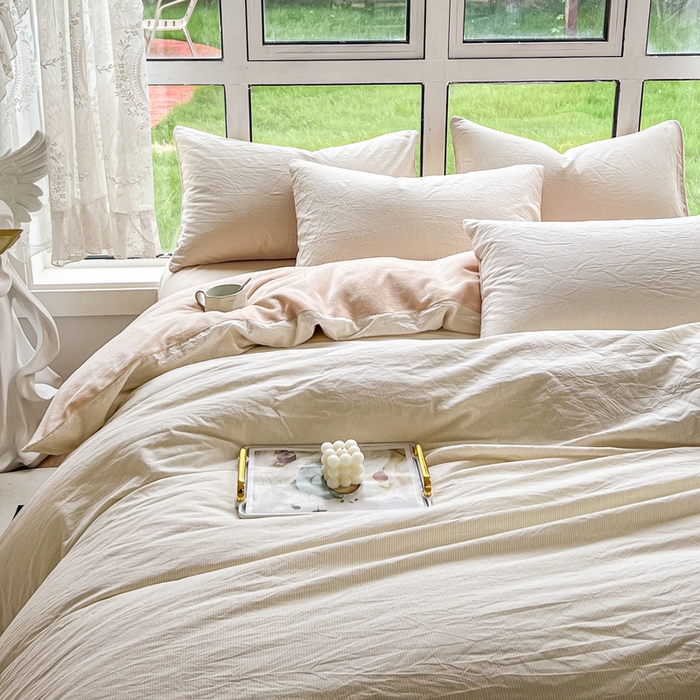 91家纺网 家纺一手货源 找家纺 柠萌家居 2025新款无印良品风双拼全棉色织水洗棉加牛奶绒单品被套简约风全棉拼牛奶绒单被套 棉+绒-米极细条