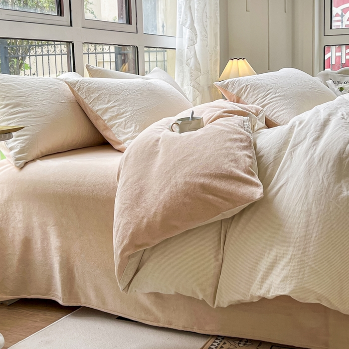 91家纺网 家纺一手货源 找家纺 柠萌家居 2025新款无印良品风双拼全棉色织水洗棉加牛奶绒单品被套简约风全棉拼牛奶绒单被套 棉+绒-米极细条