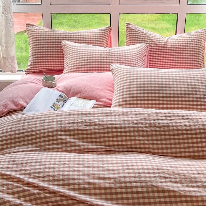 91家纺网 家纺一手货源 找家纺 柠萌家居 2025新款无印良品风双拼全棉色织水洗棉加牛奶绒单品被套简约风全棉拼牛奶绒单被套 棉+绒-蜜粉小格