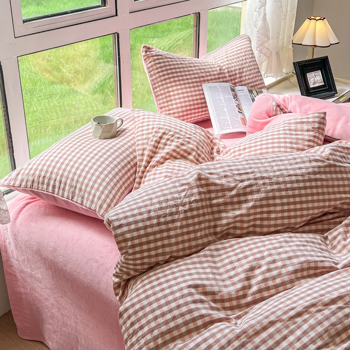 91家纺网 家纺一手货源 找家纺 柠萌家居 2025新款无印良品风双拼全棉色织水洗棉加牛奶绒单品被套简约风全棉拼牛奶绒单被套 棉+绒-蜜粉小格