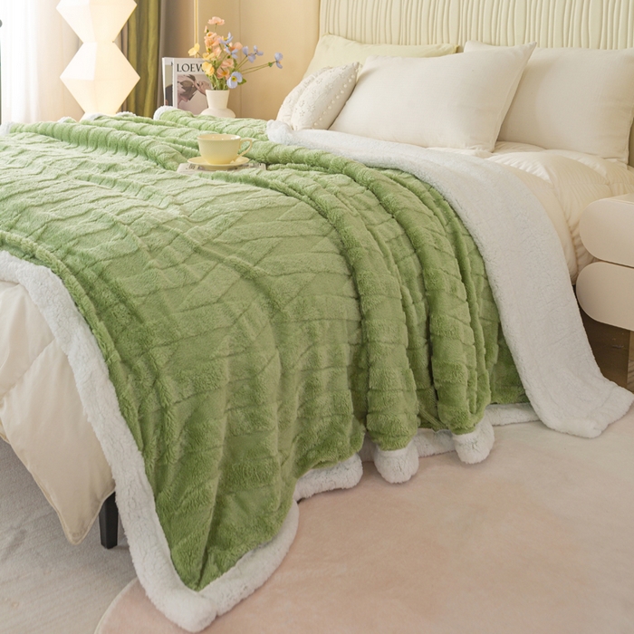 91家纺网 家纺一手货源 找家纺 佳居缘 【双面绒-交叉纹】 2025加厚保暖羊羔绒毛毯双层塔芙绒毯子跨境专供外贸出口定制 交叉纹-绿